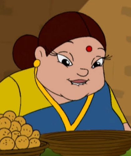 Cartoon Indian woman with a red bindi in a yellow-blue sari leaning over a basket of ladoos.
