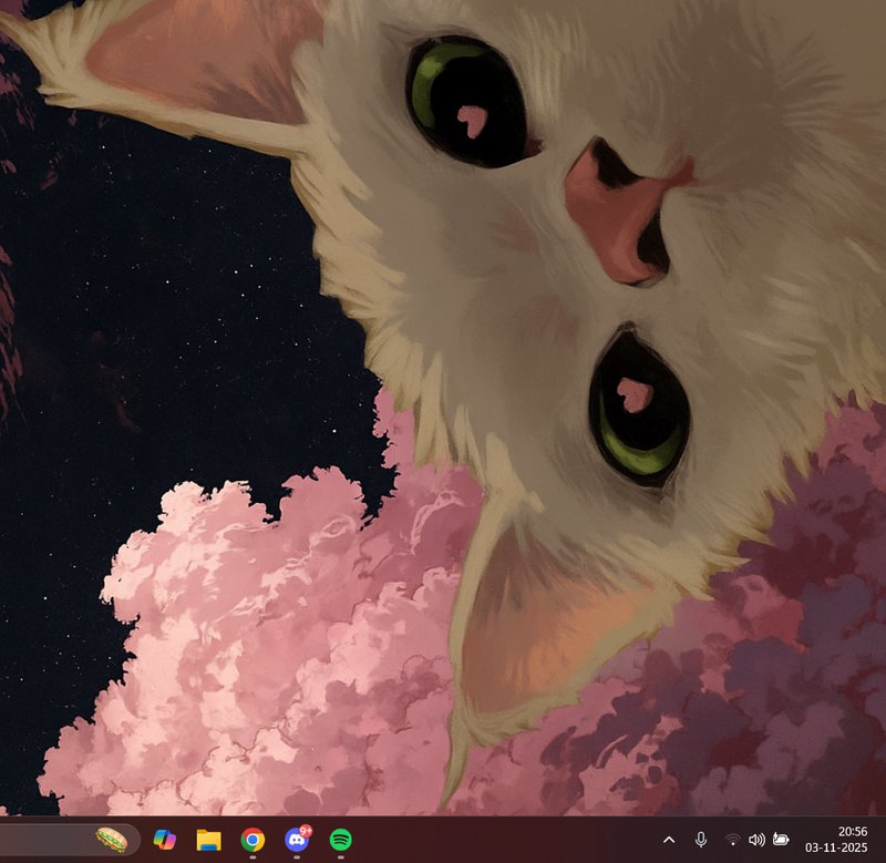 Close-up of a fluffy white creature with large green eyes against a starry night sky and pink clouds