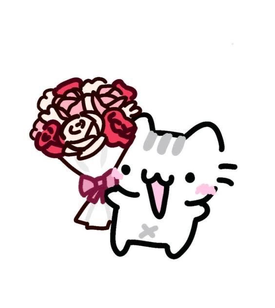 Cute white cartoon cat holding a bouquet of pink roses with a pink bow.