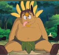 Cartoon jungle character sitting in a forest with a leaf skirt and goofy expression.