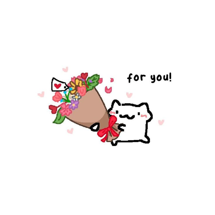 Cute white cartoon cat offering a colorful bouquet with "for you!" text.