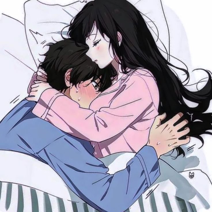 Two illustrated lovers embracing in bed; girl in pink sweater and long dark hair, boy in blue, sh...