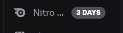 Close up of dark mode Discord UI showing a 3-day Discord Nitro trial indicator next to a turbo ba...