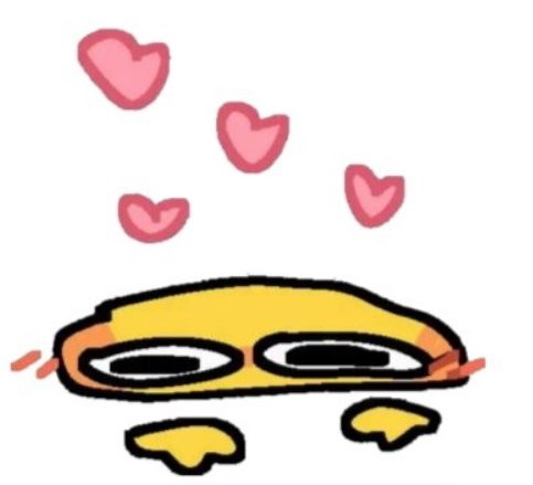 Hand drawn smitten yellow emoji with half-lidded eyes, blushing cheeks, floating pink hearts abov...