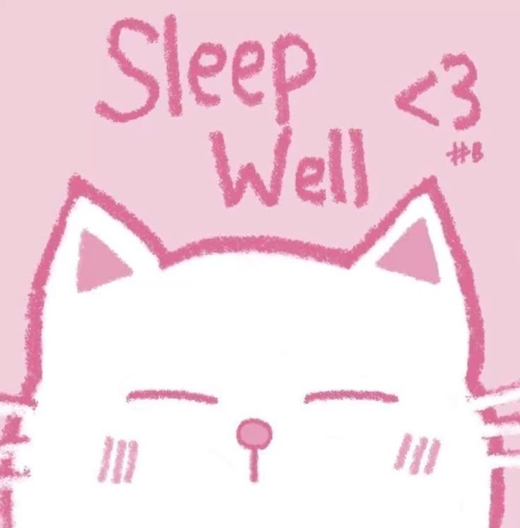 Cute pink illustration of a sleepy white cat with "Sleep Well" text.