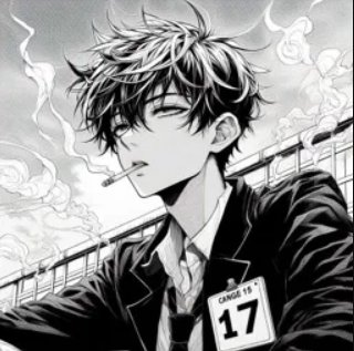 Black-and-white manga-style illustration of a young man in a suit smoking a cigarette on a bridge...