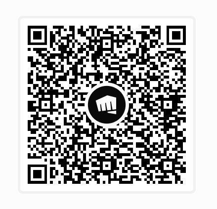 QR code with a circular M logo at the center, black and white design.
