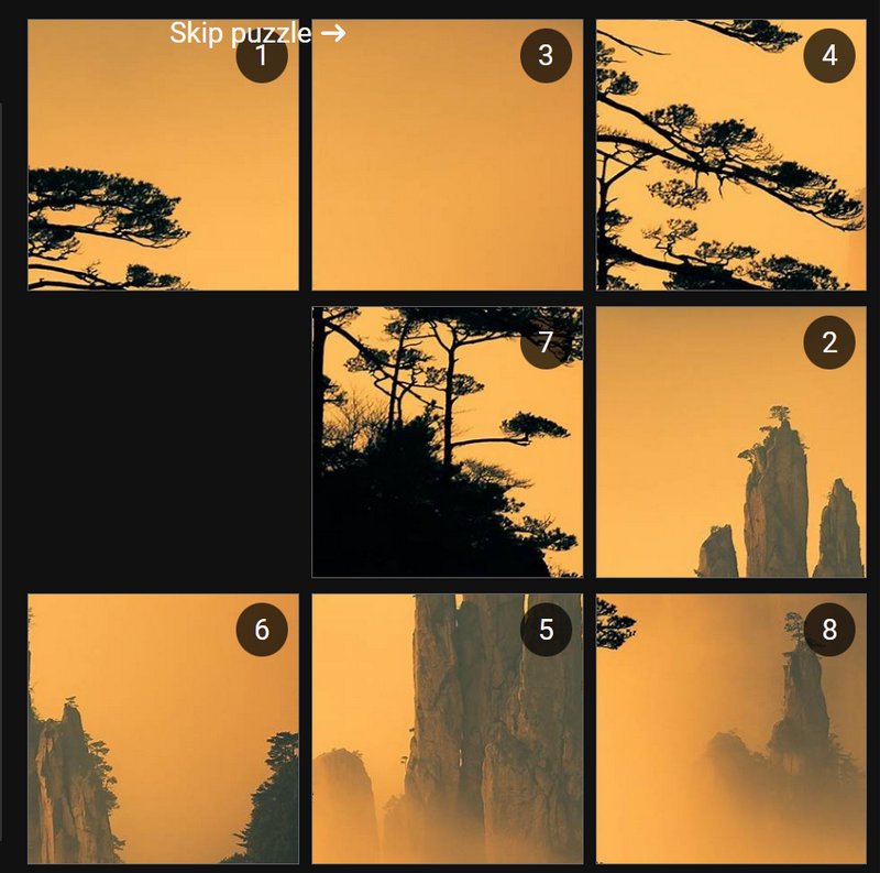 Numbered sliding jigsaw puzzle grid of misty Huangshan mountain golden sunset landscape, with one empty tile slot.
