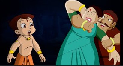 Shocked Chhota Bheem faces an angry gesturing woman and man in an animated scene against a dark b...