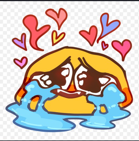 Hand drawn crying lovestruck yellow emoji pouring blue tears with colorful floating hearts above ...