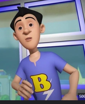 3D animated male character in a blue shirt with a yellow B, indoors with a modern blue-green backdrop.