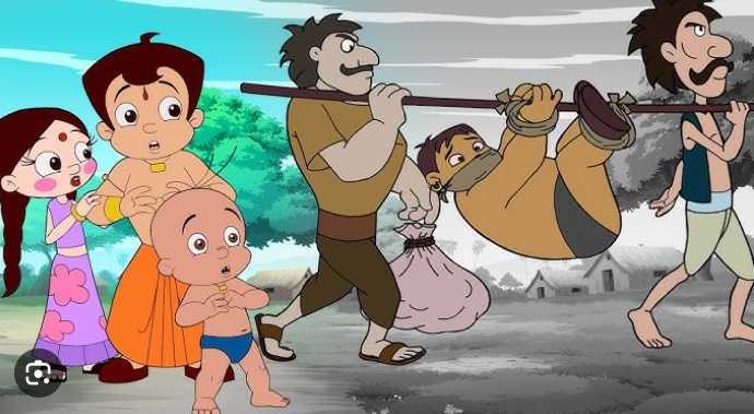 Cartoon scene of a family watching as villagers drag a bound man with a rope in a rural village.