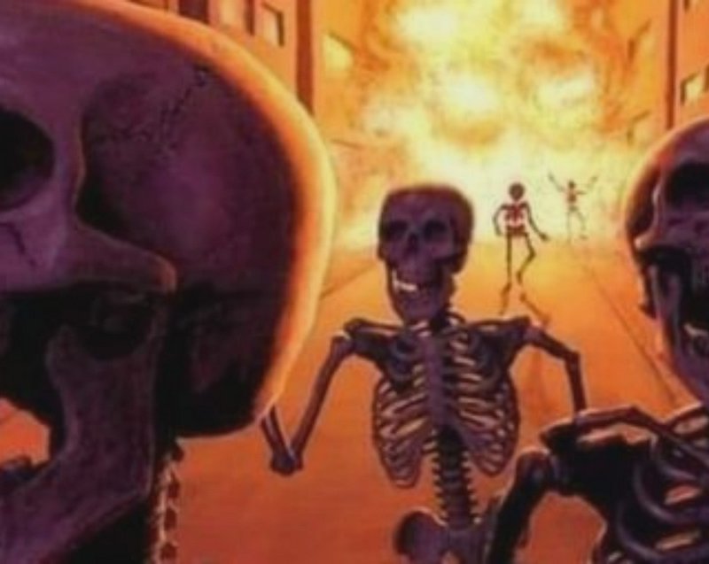 Skeletons marching down a dim, orange-lit hallway with a large skull in the foreground.