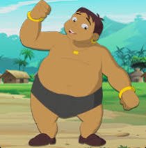 Cartoon muscular man on a sunny beach wearing black swim shorts, raising a fist in a confident pose.