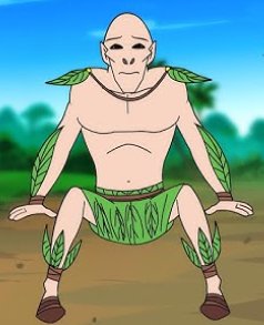 Cartoon muscular bald man with leaf attire sitting on dirt in a forest.