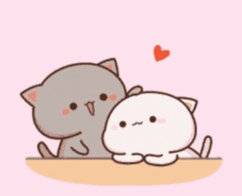 Two cute kawaii cats cuddling on a pastel pink background with a small heart.