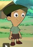 Cartoon boy in a green hat and shirt standing in a sunny grassy countryside.