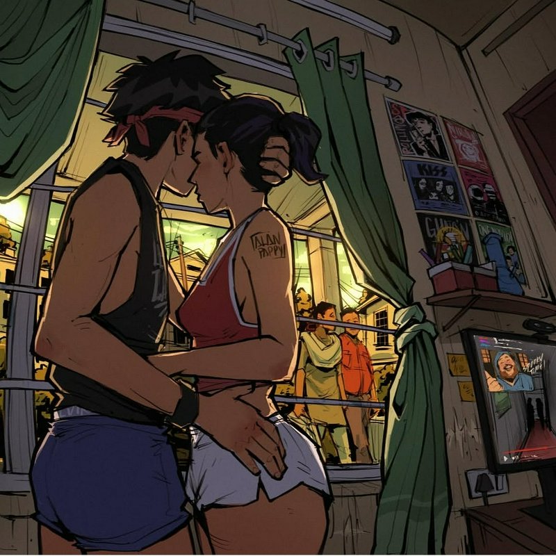 Couple kissing in a gym/boxing gym with posters and green curtains, warm lighting.