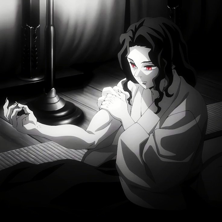 Anime-style character with red eyes sitting on a tatami mat in a kimono, dramatic grayscale light...