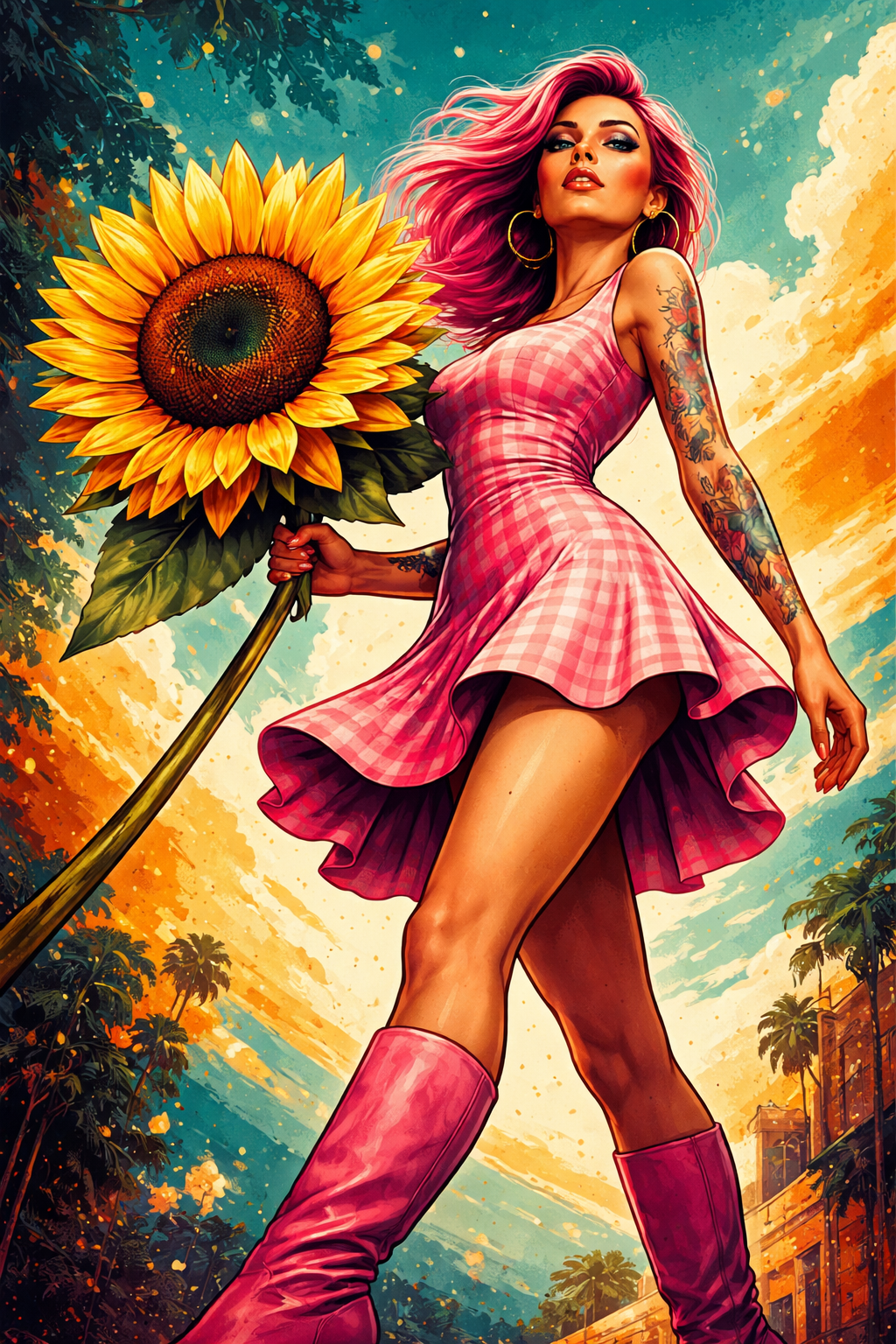Stylized illustration of a woman with pink hair in a pink plaid dress and boots, holding a large sunflower.
