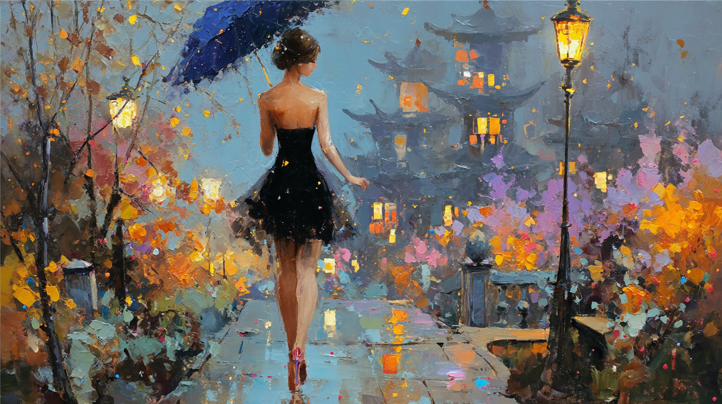 Woman in a black dress walking on a lantern-lit, rain-kissed street at twilight.