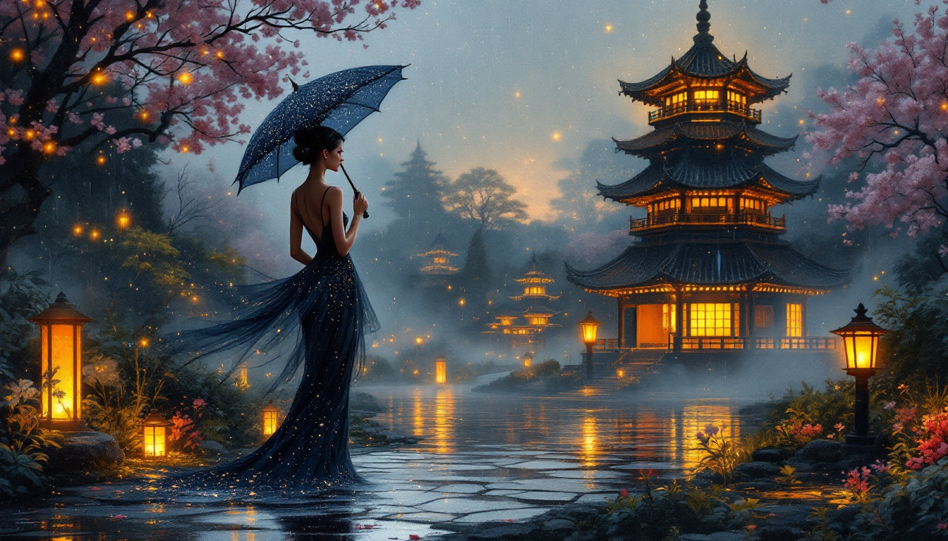 Elegant woman in a flowing blue gown with umbrella in a lantern-lit fantasy garden
