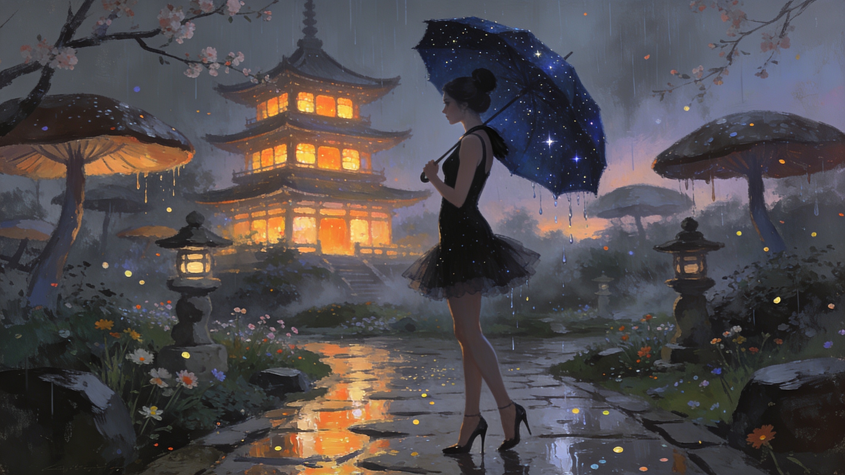 Silhouetted woman in a black dress with a starry umbrella on a rain-soaked path beside a lit pagoda garden.