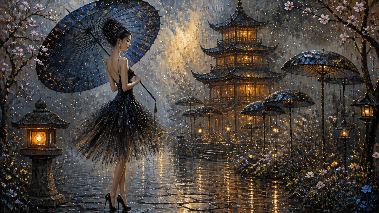 Woman in a black tutu dress with a parasol in a lantern-lit, rainy oriental garden scene.