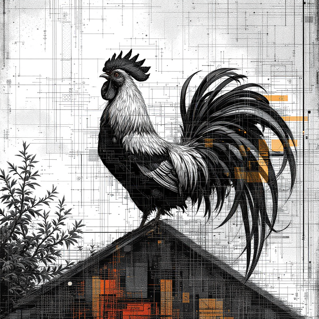 Illustrated rooster perched on a barn roof with a circuit-board style background and orange accents.