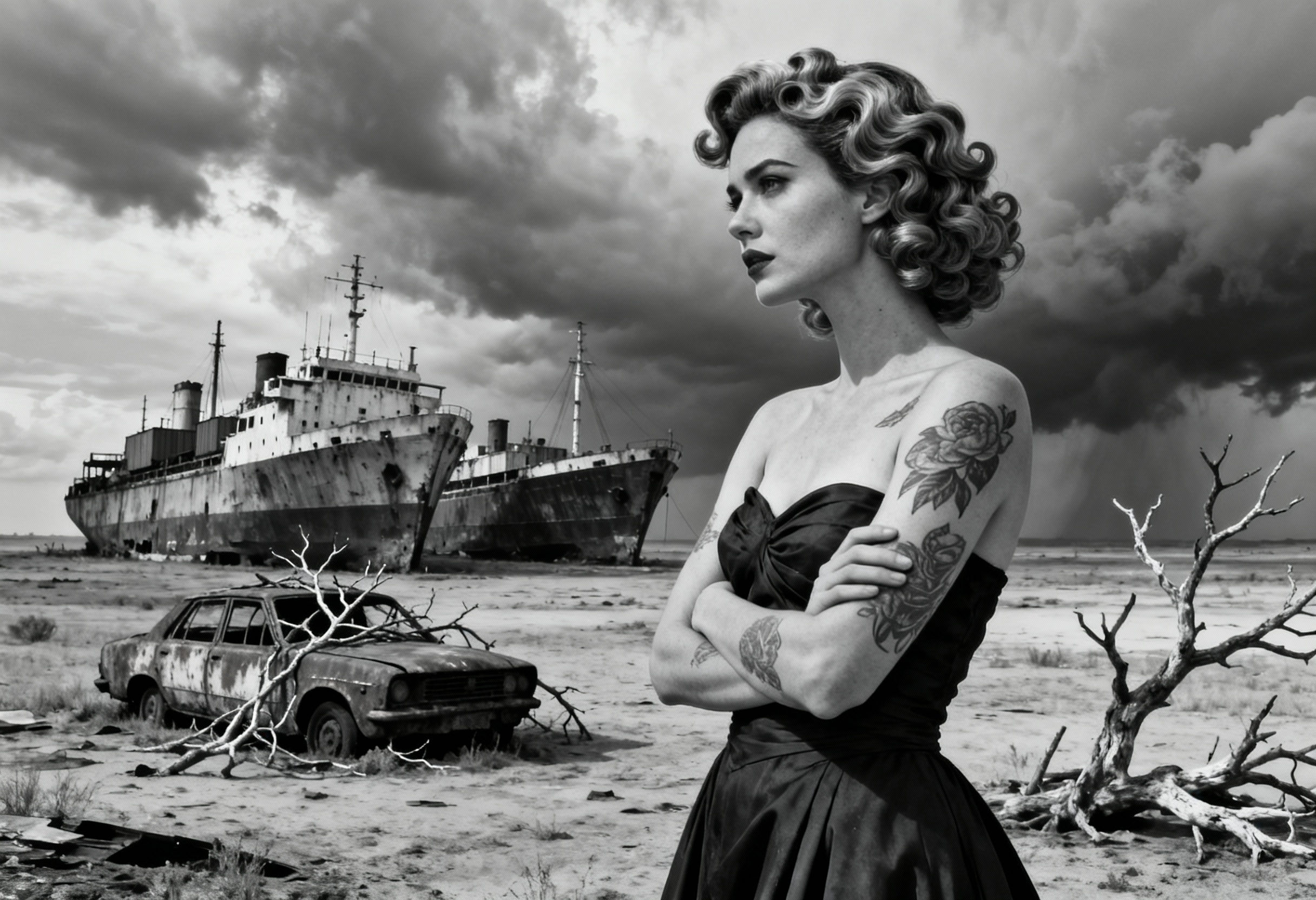 Black-and-white portrait of a woman with vintage dress and tattoos, standing amid a shipwreck and rusted car under stormy ...