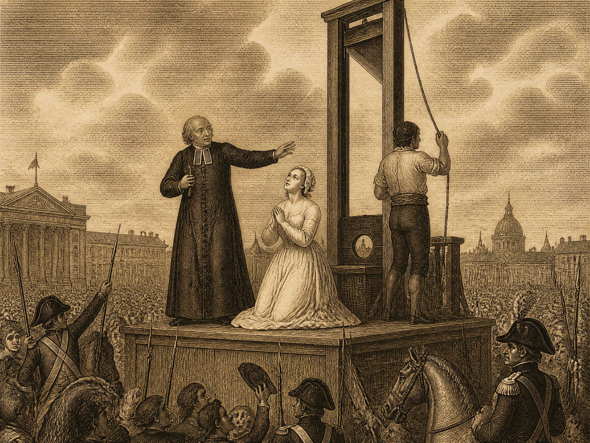 Historical engraving of a public beheading by guillotine on a raised platform with a kneeling woman and a clergyman addres...