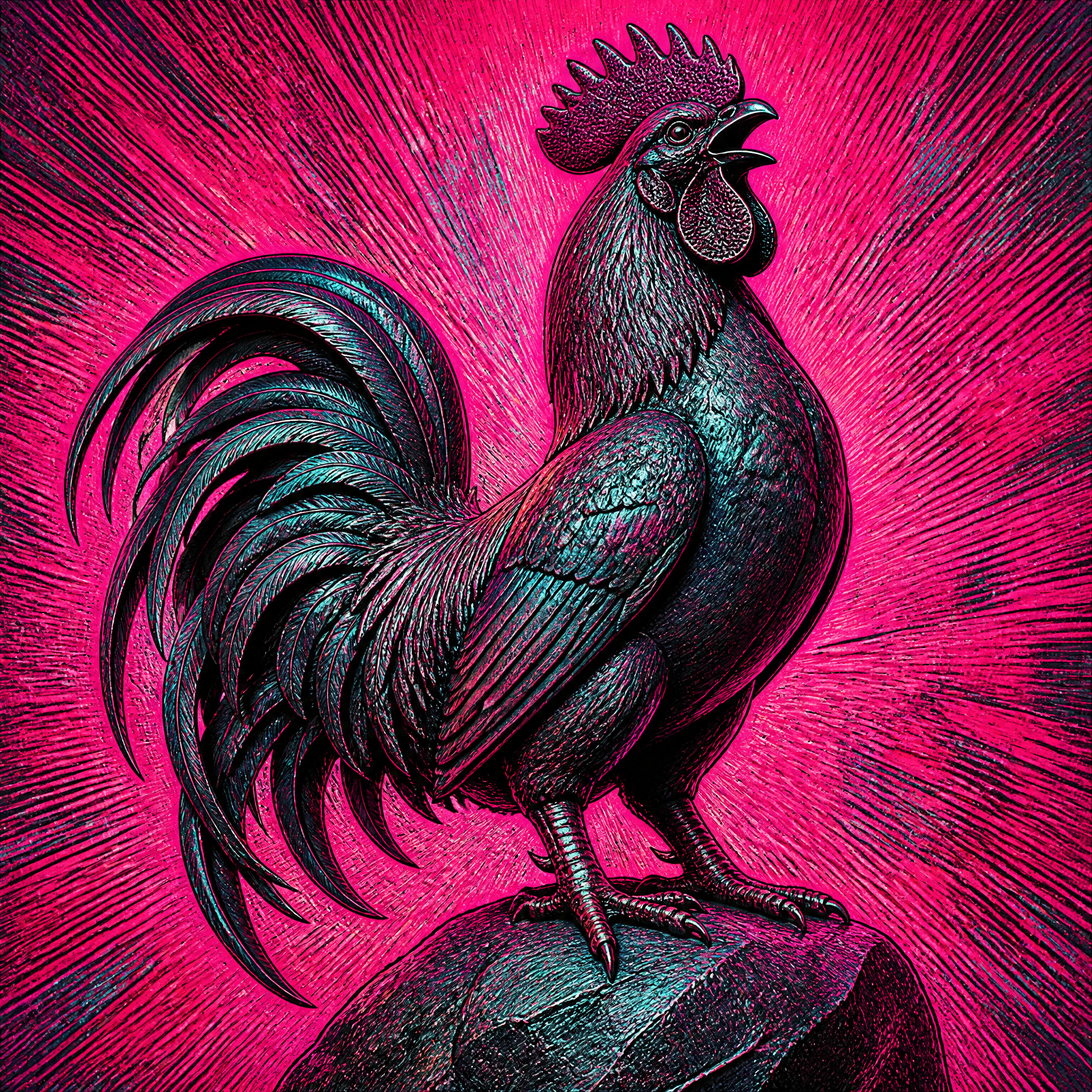Stylized rooster perched on a rock with a bold neon pink, radiating background.