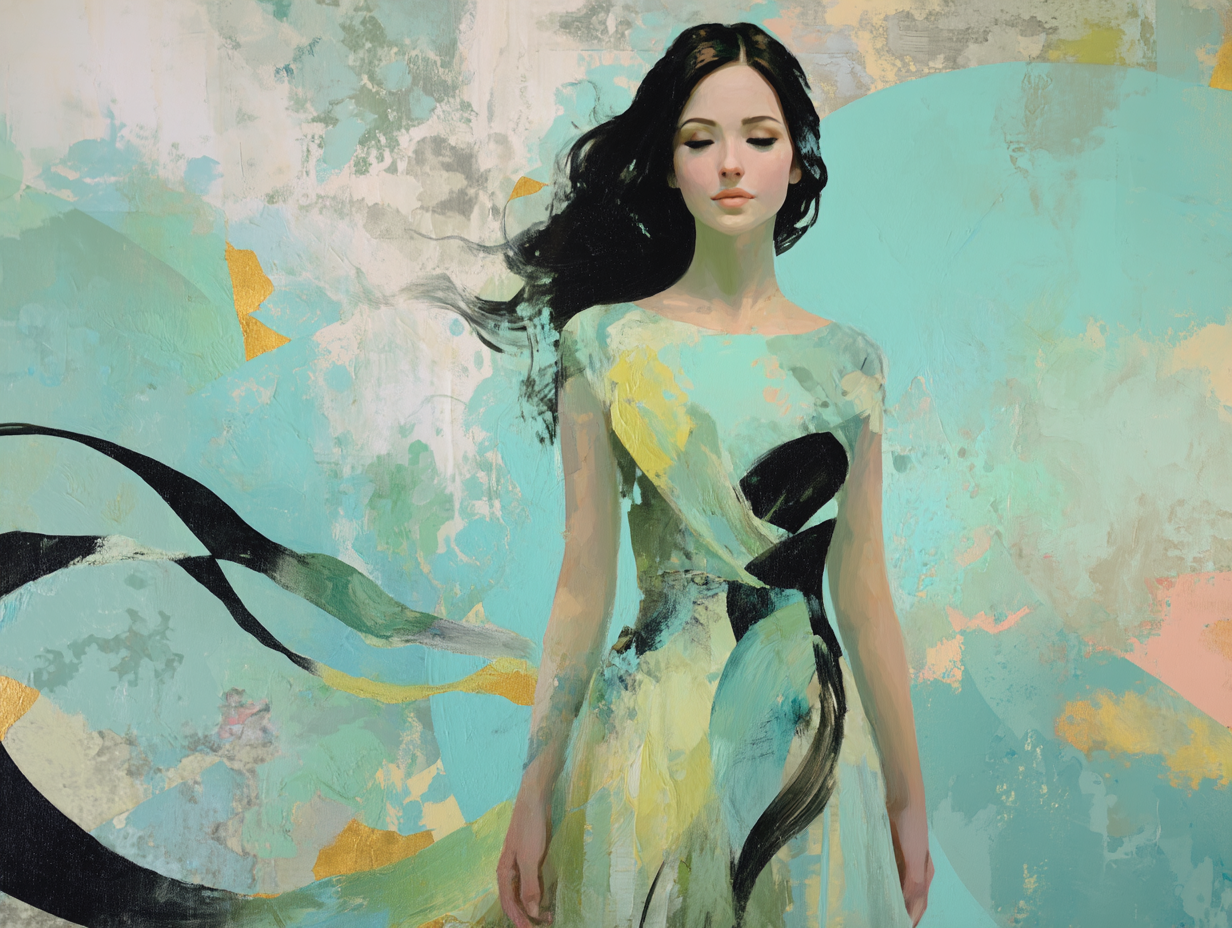 Abstract portrait of a woman in a pastel dress with flowing ribbons against a soft, colorful background.