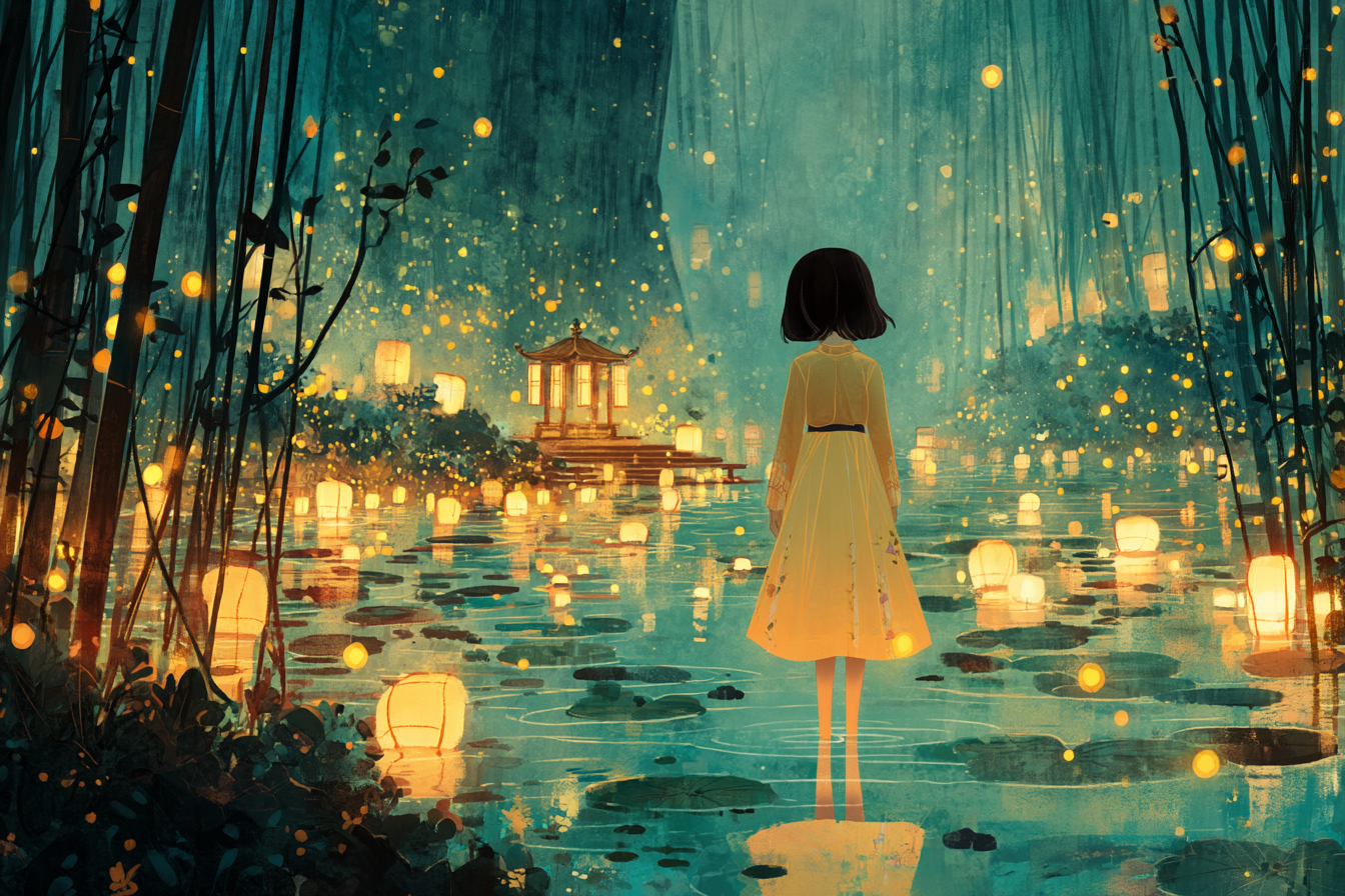 A girl in a white dress stands in a glowing pond among floating lanterns in a bamboo forest with a distant pavilion.