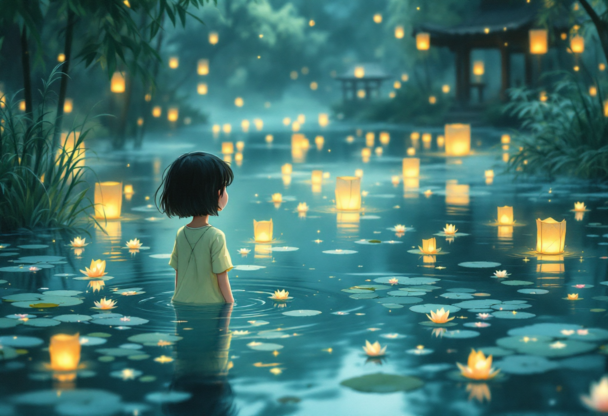 Child standing in a moonlit pond surrounded by glowing lanterns and water lilies.