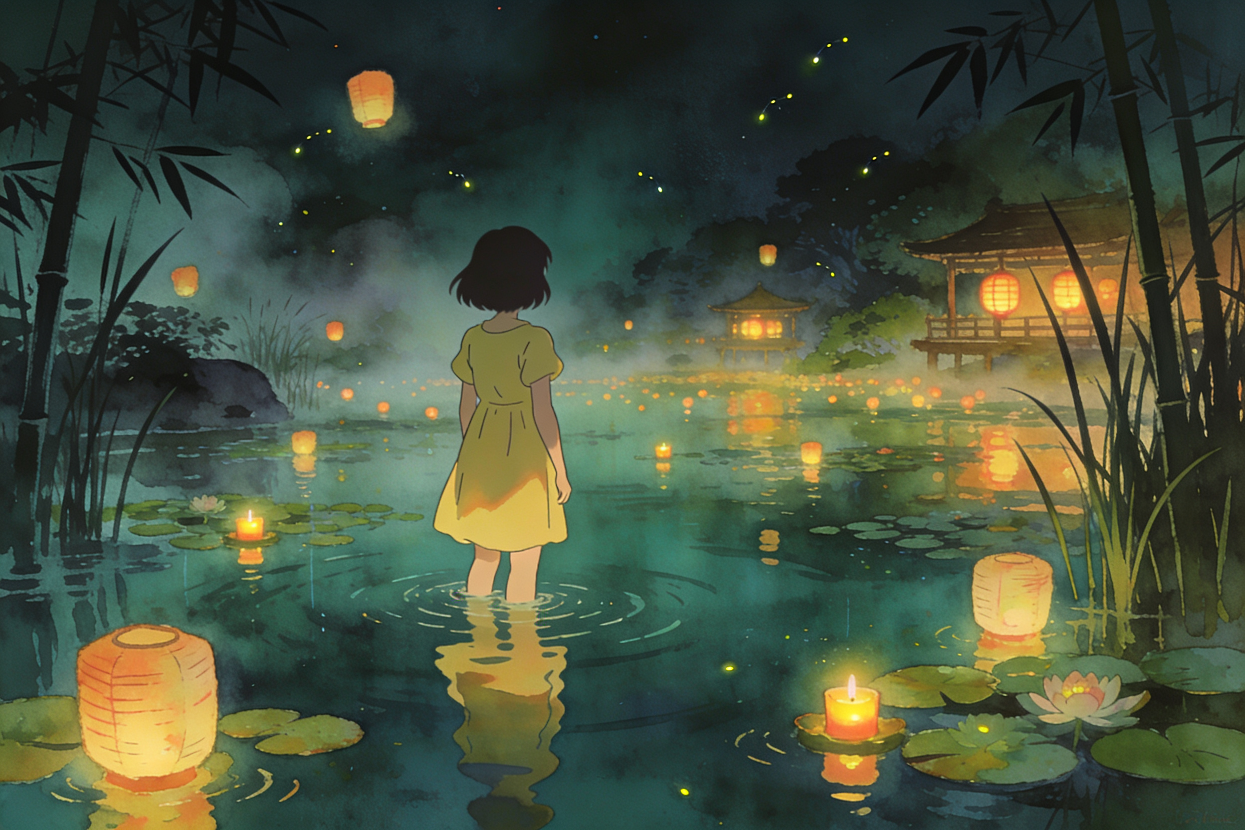 A girl in a yellow dress stands in a glowing, lantern-lit pond at night.