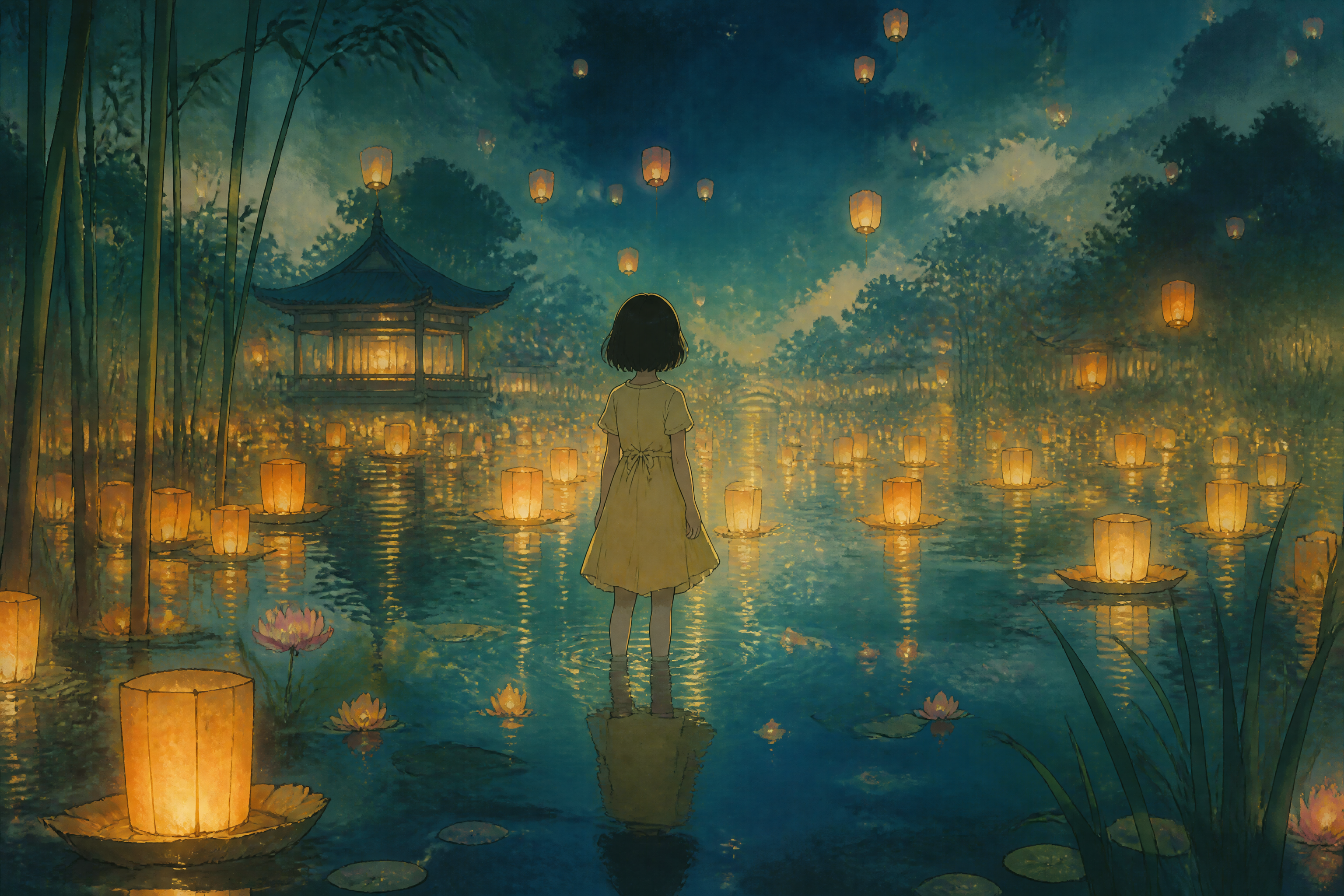 A girl in a yellow dress stands on shallow water, surrounded by glowing lanterns and a distant pagoda at dusk.