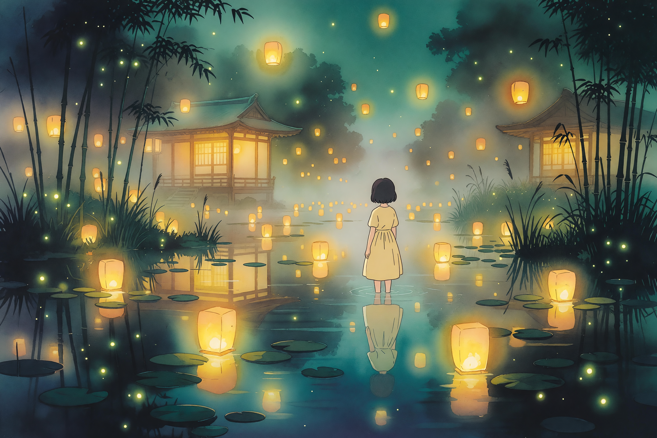 A girl in a white dress walks on a lantern-lit pond at night, with pagodas and glowing orbs around.