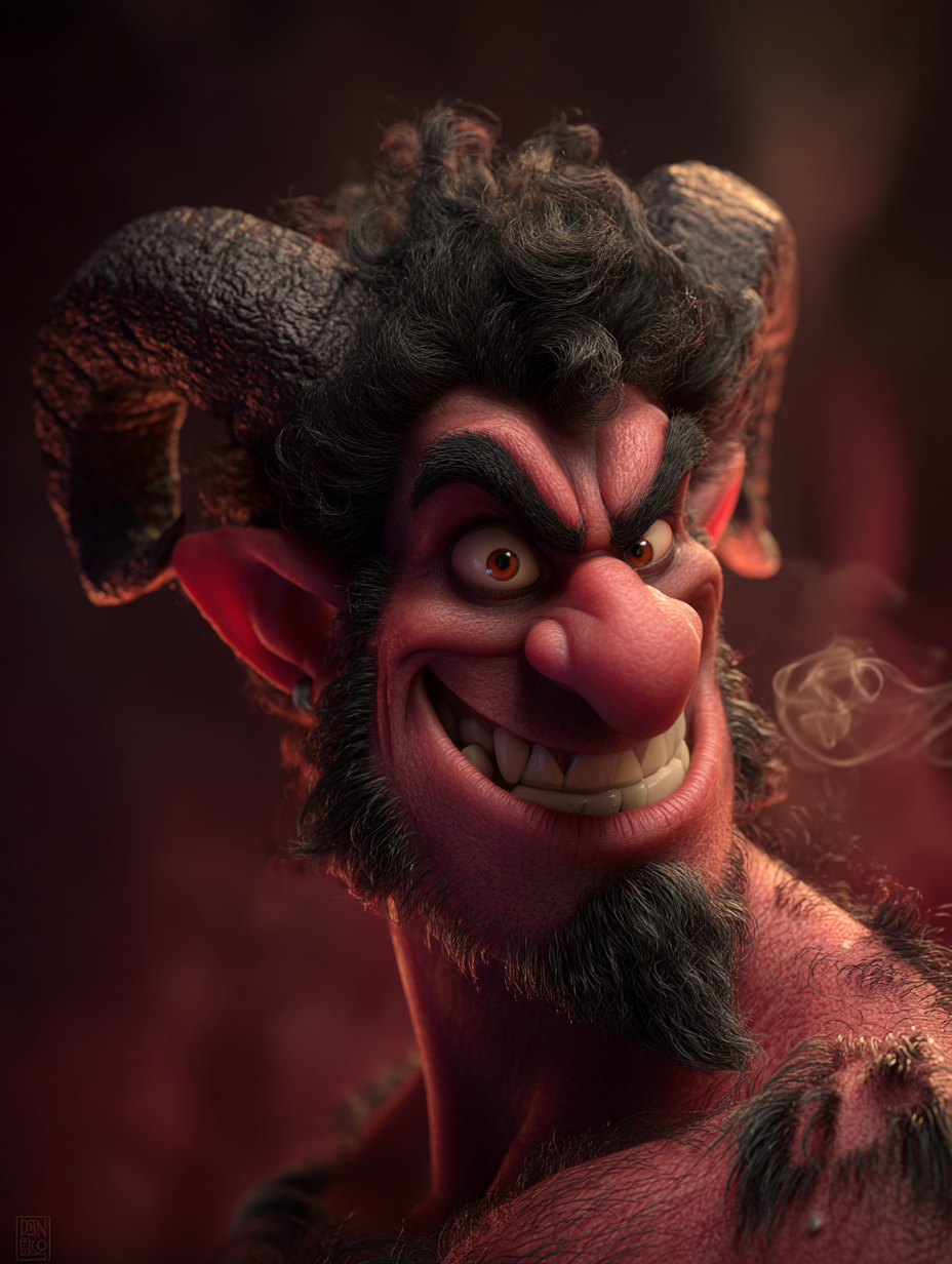 Cartoon demon with large horns, red skin, and a mischievous grin in a smoky dark setting