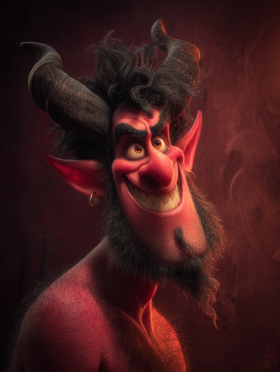 Red devil character with large curved horns, mischievous grin, and beard in warm lighting.