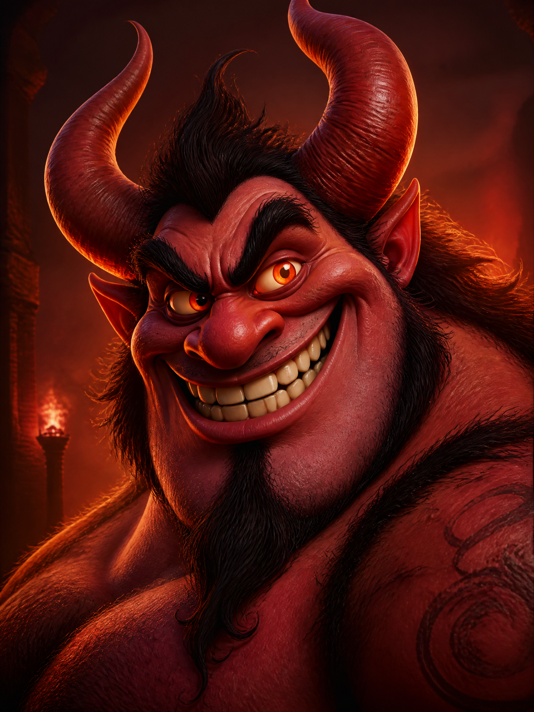 Red-skinned demon with large horns, sharp teeth, and a menacing grin in a fiery, torched background.