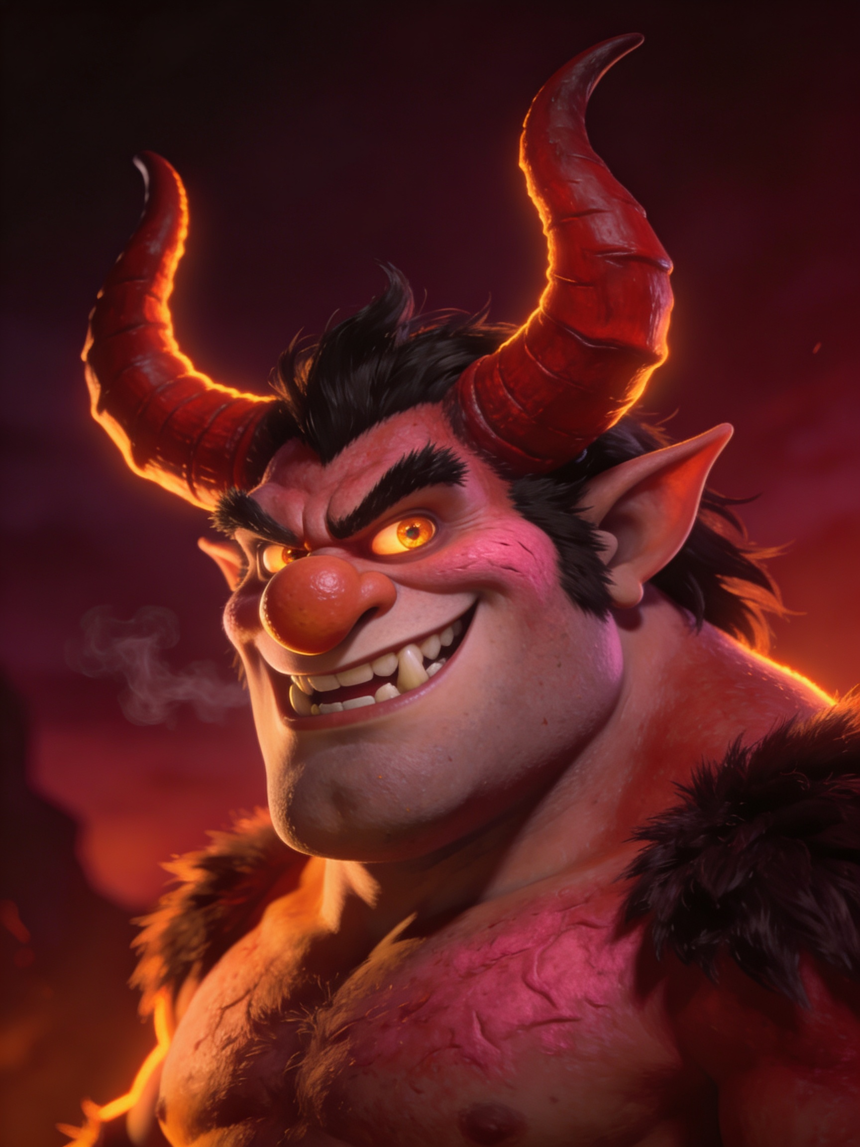 Fiery-horned demon character with a mischievous grin and glowing orange eyes.