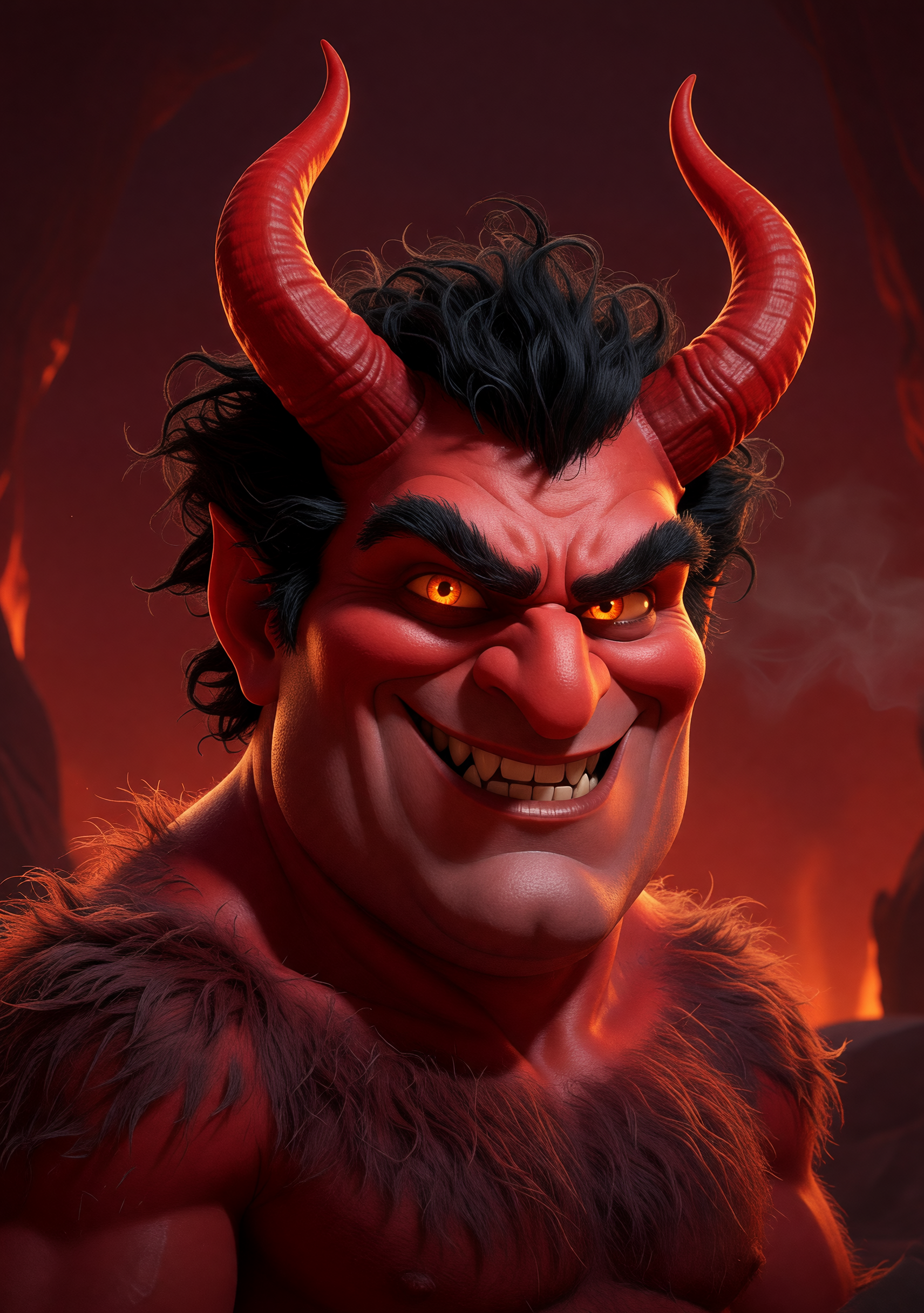 Fiery red demon with large curved horns, glowing orange eyes, and a menacing grin against a lava-lit background.