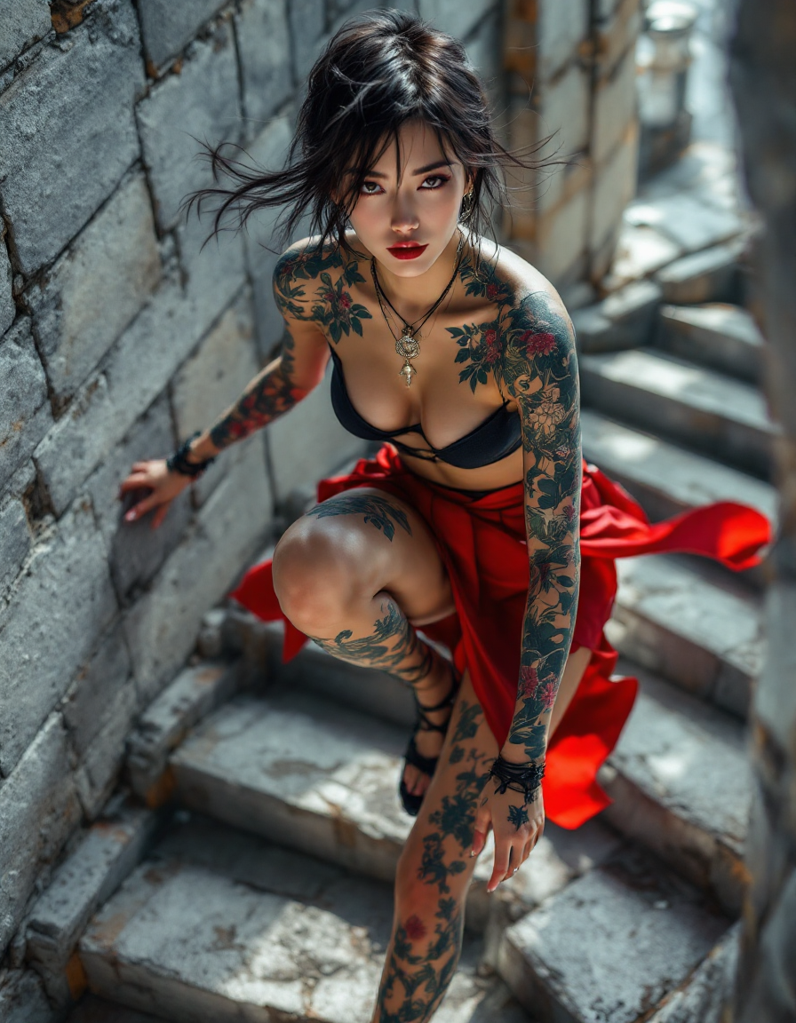 Woman with full-sleeve floral tattoos in a black bikini top and red skirt posing on a stone staircase.