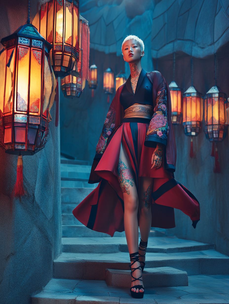 Model in a red-and-black kimono-inspired gown with floral sleeves and thigh tattoos walking stairs beside glowing lanterns.