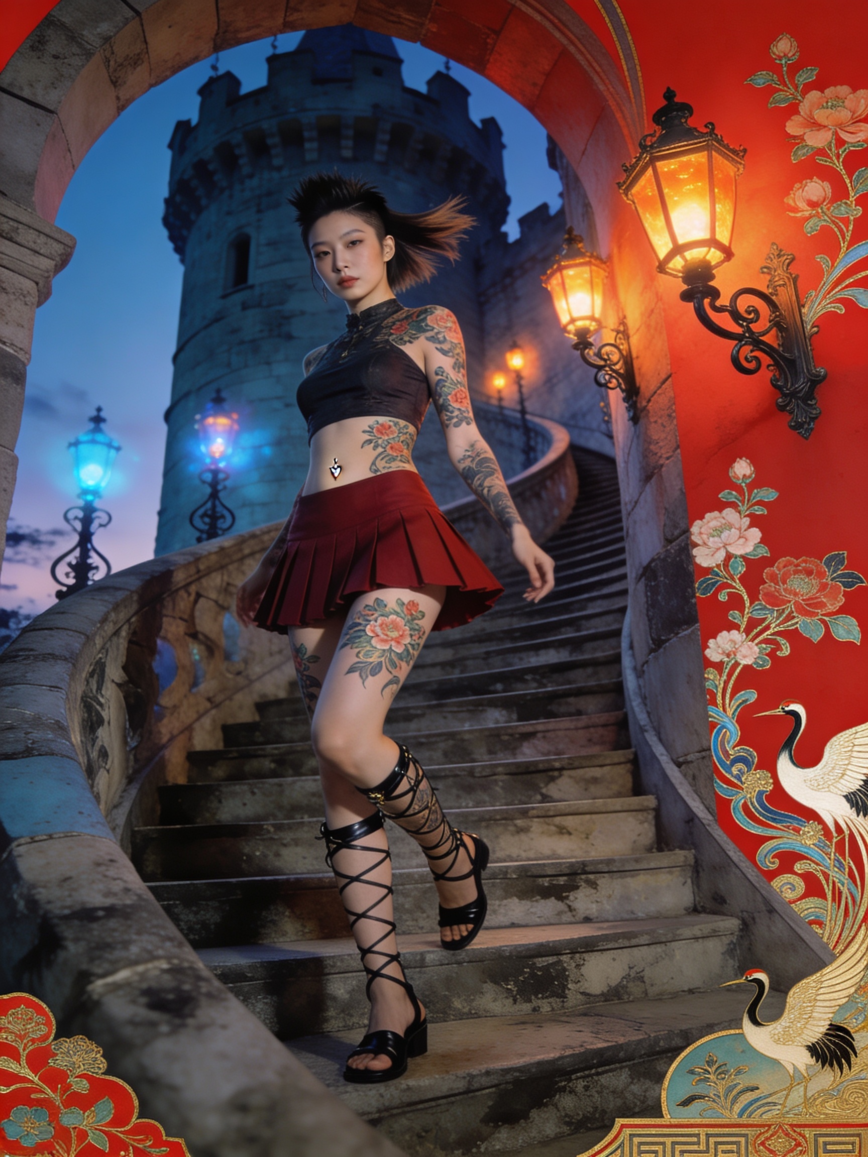 Tattooed woman on stone castle stairs at twilight, wearing a black top and red skirt with lace-up sandals.