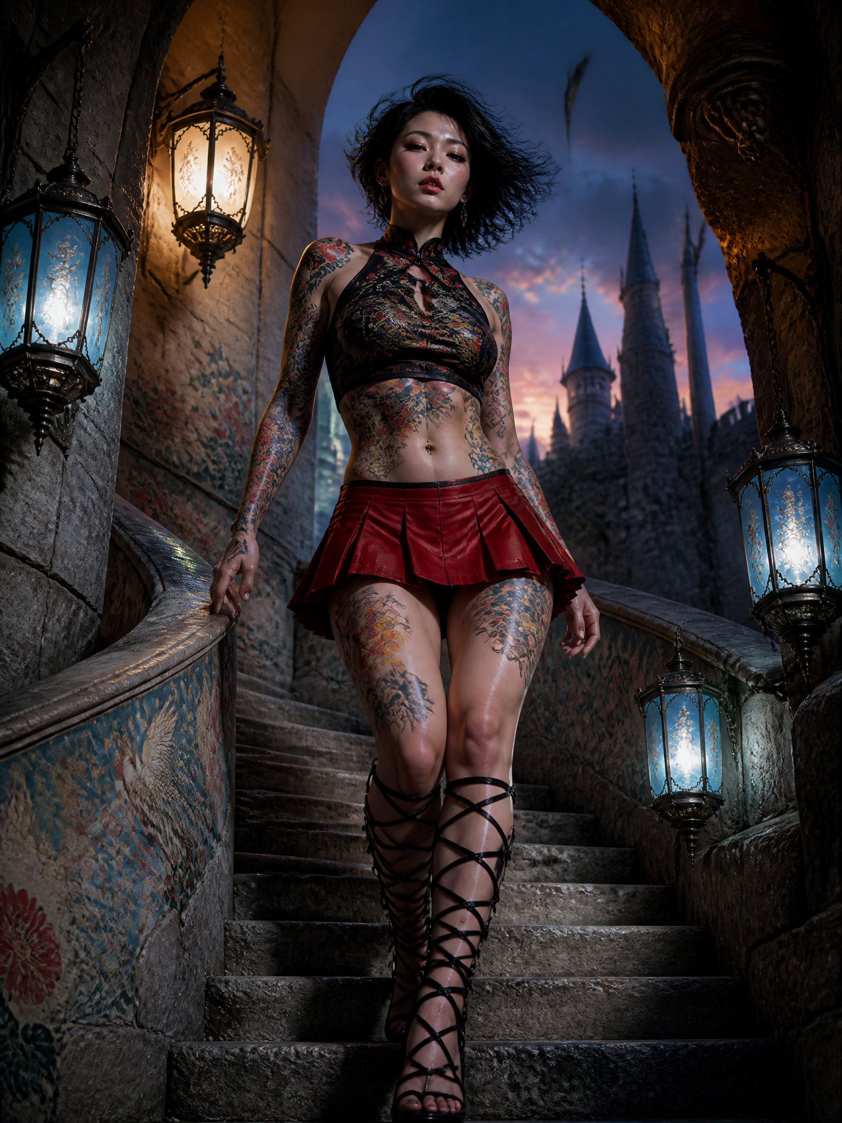 Tattooed model in a red mini skirt on a stone staircase under a Gothic arch with lanterns and a castle backdrop