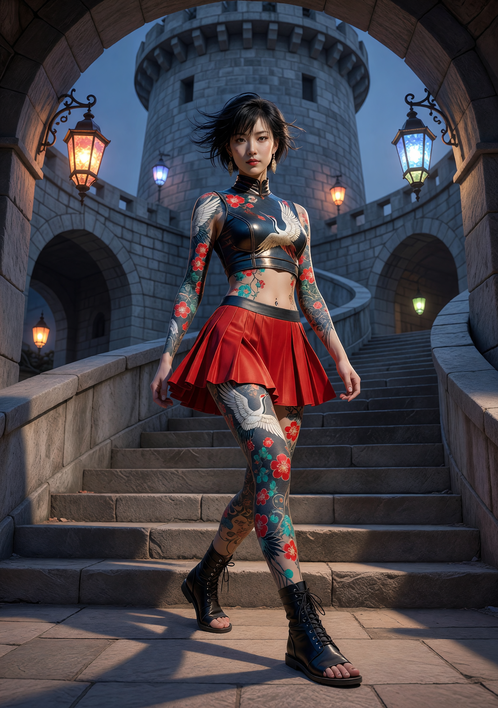 Tattooed woman in a black cropped top and red pleated skirt posing on castle stairs at dusk.