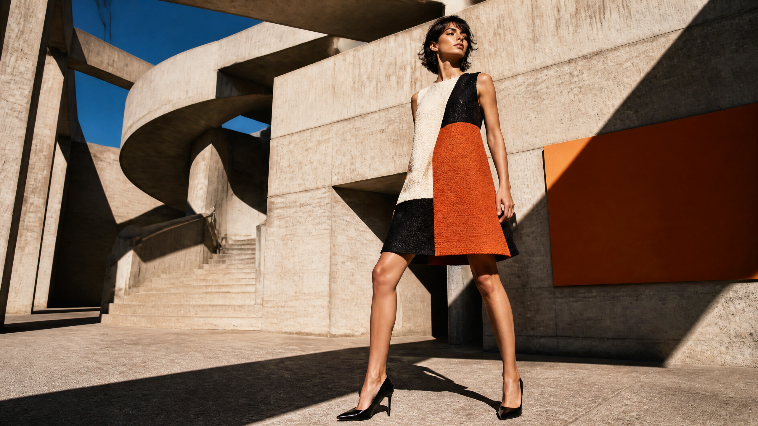 Model in a color-block sleeveless dress posing against bold concrete architecture.