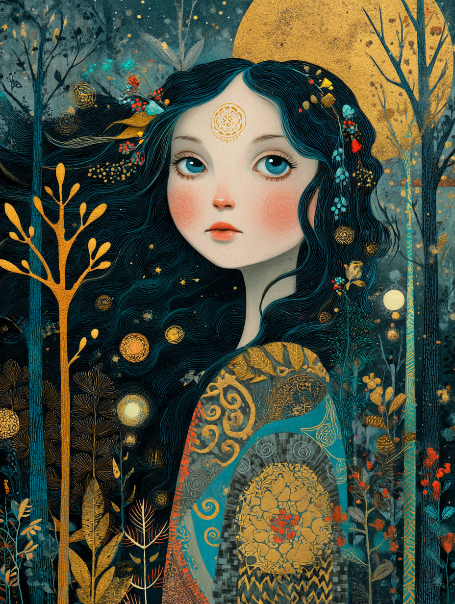 Whimsical illustration of a girl with blue hair in a moonlit forest, adorned with gold patterns.